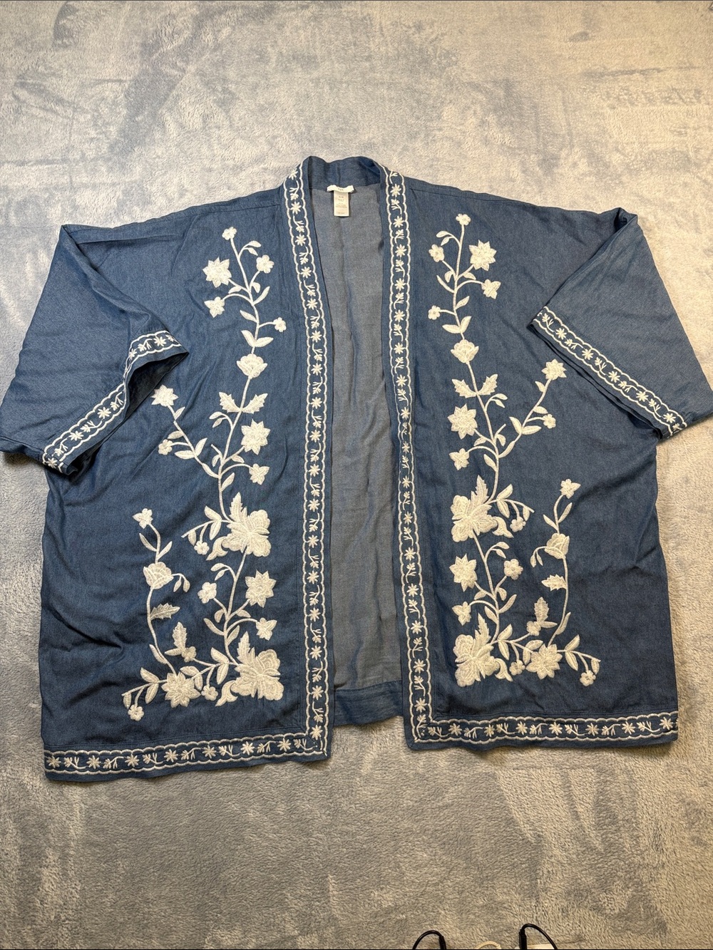 J. Jill Chambray Lyocell Open-Front Kimono with White Floral Embroidery